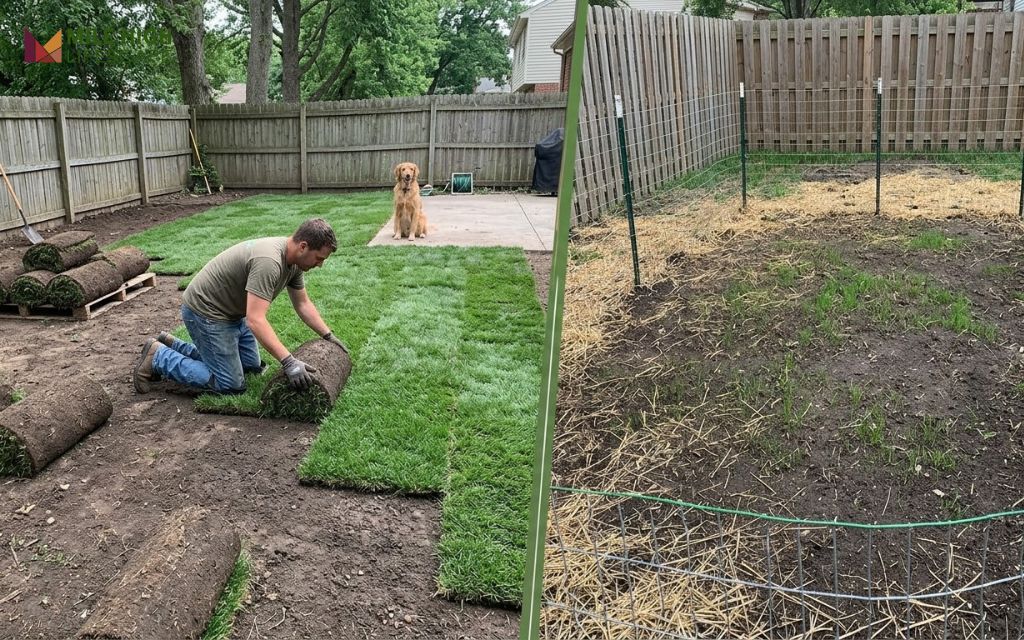 Sod installation compared with grass seed in a backyard with a dog behind temporary fencing
