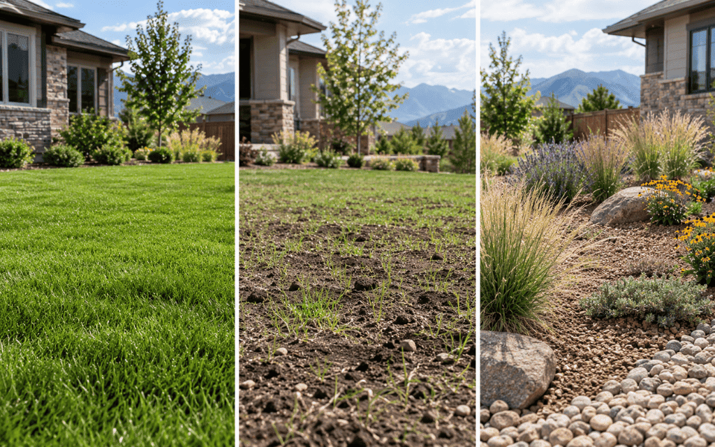 Three-panel comparison of a sodded lawn, a newly seeded lawn, and a xeriscape yard in Colorado