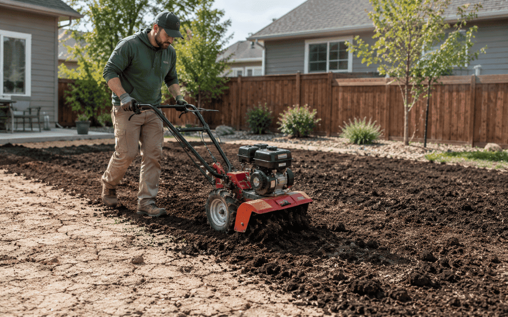 Rototiller mixing compost into Colorado clay soil before sod installation