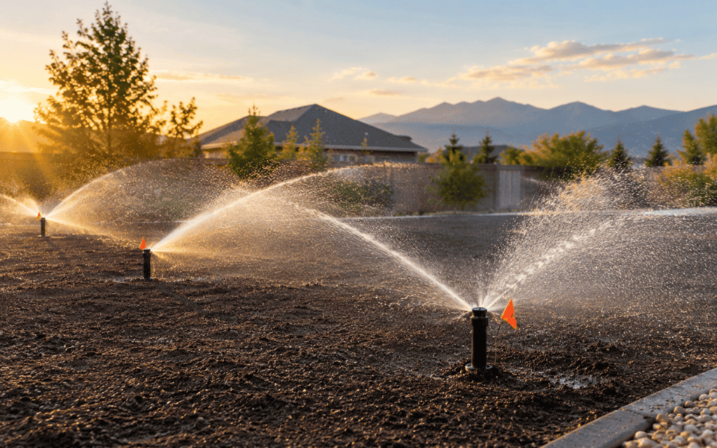 Pop-up sprinkler heads spraying overlapping arcs across a newly prepared lawn area