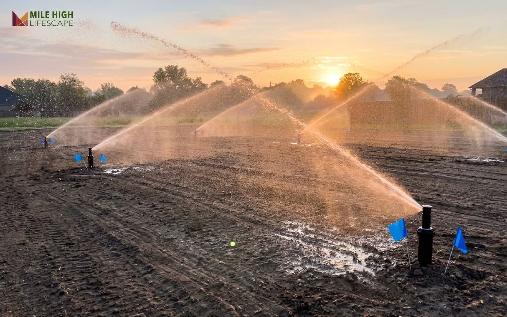 Pop-up sprinkler heads spraying head-to-head coverage over a prepared soil bed before sod installation