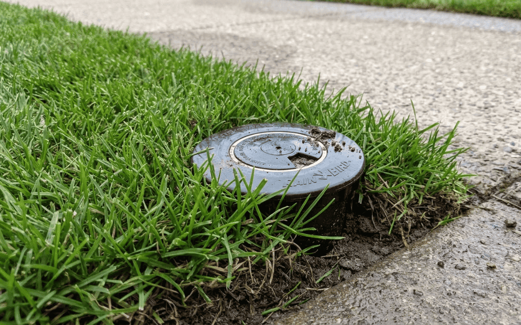  Pop-up sprinkler head set level with new sod after grading for sod thickness