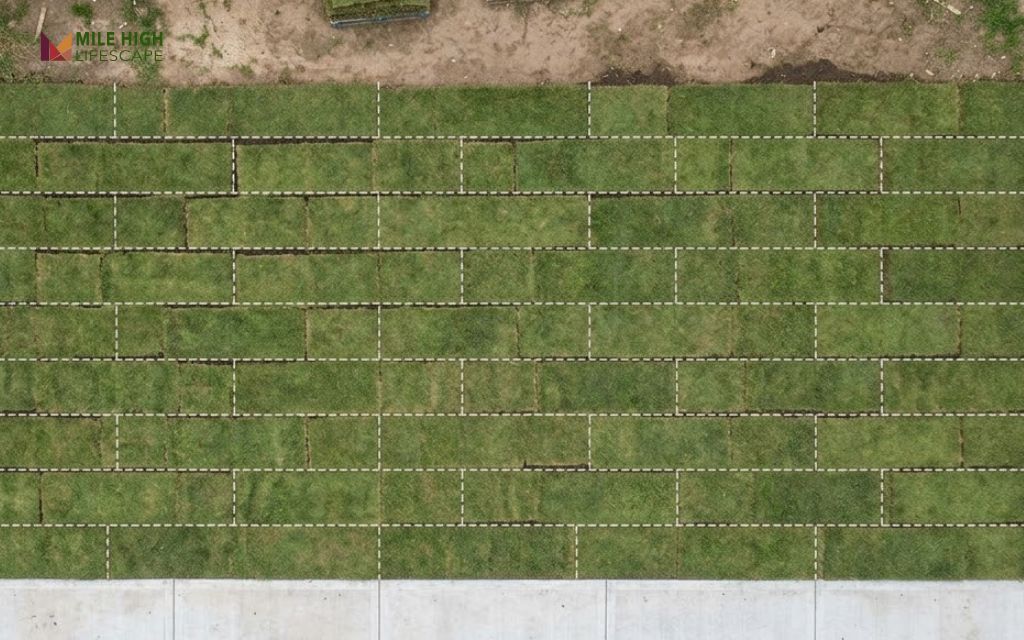 Diagram-style photo showing sod rows laid in a staggered brick pattern with tight seams and no overlaps