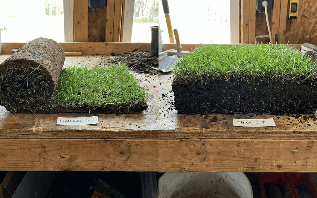 Standard-cut lawn sod compared with thick-cut athletic sod showing different soil layer depths