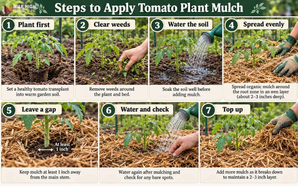 Seven-step graphic showing how to apply tomato plant mulch, from planting to topping up