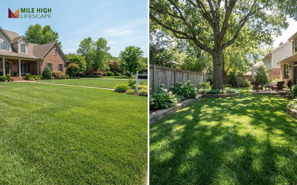 Sunny bermuda front lawn compared with a shaded zoysia backyard lawn