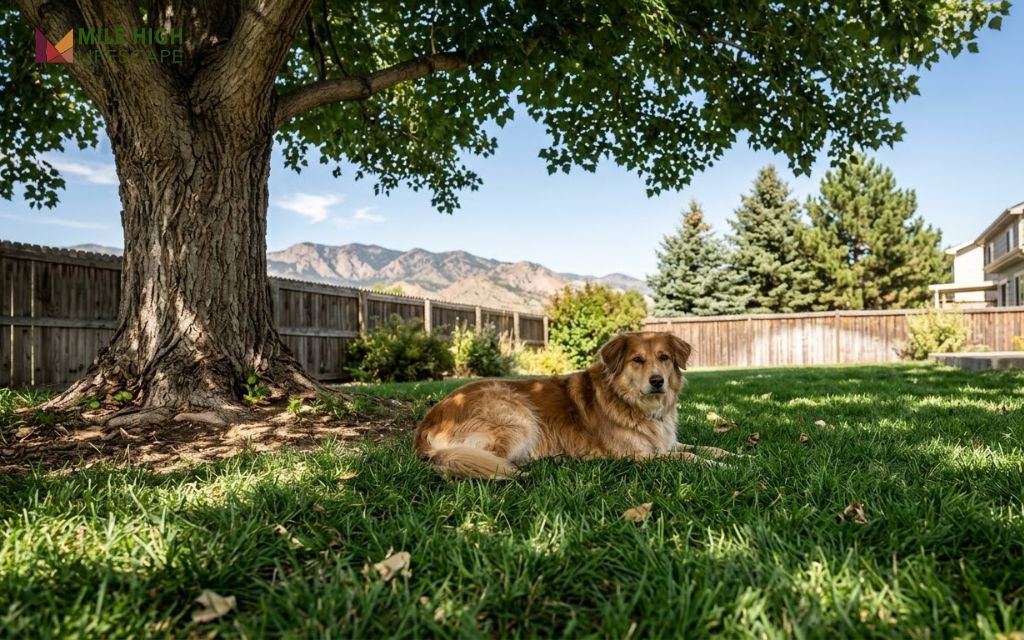 Dog resting on turf-type tall fescue lawn under a shade tree in a Colorado backyard