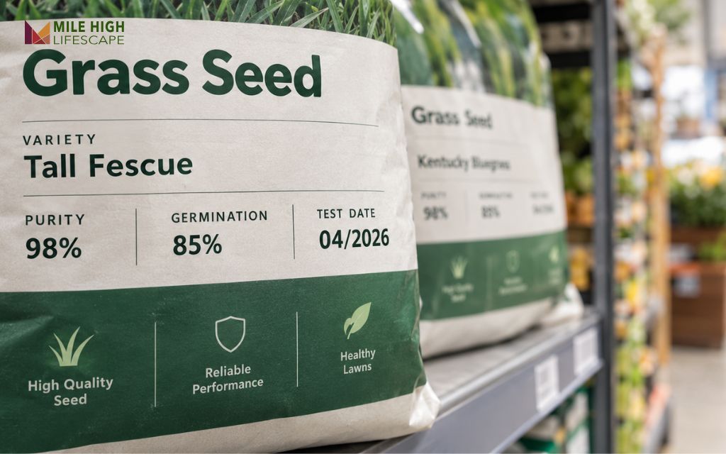 Turf-type tall fescue seed bag label showing purity, germination rate, and test date