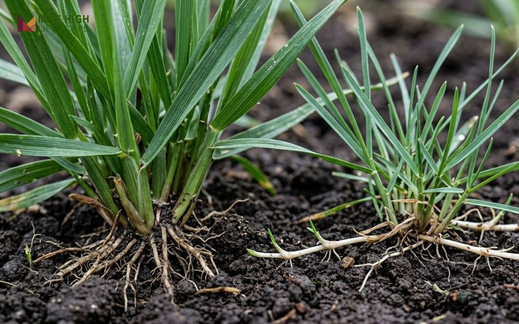 Close-up of wide tall fescue blades next to fine Kentucky bluegrass blades and rhizomes