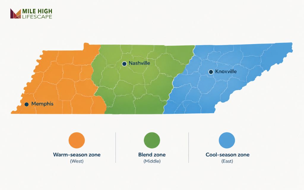 Map of East, Middle, and West Tennessee showing cool-season and warm-season grass zones