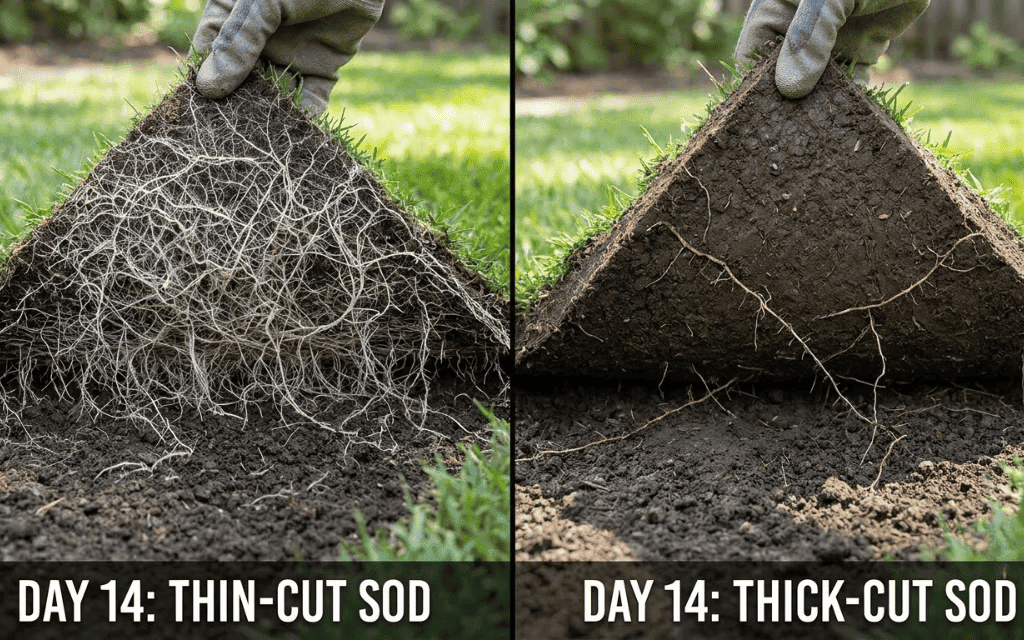 Thin-cut sod showing deeper new roots than thick-cut sod after 2 weeks