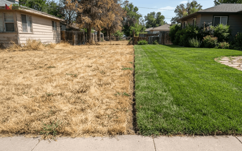Drought-dormant brown bermuda lawn next to a TifTuf lawn that stays green in the same dry spell