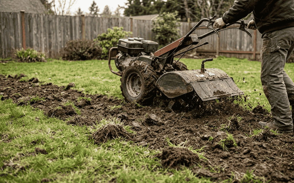 Rear-tine tiller turning lawn grass into soil during sod removal