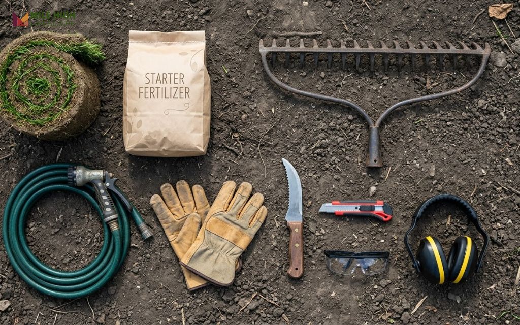 Flat lay of DIY sodding tools including a sod knife, bow rake, gloves, measuring wheel, and starter fertilizer bag