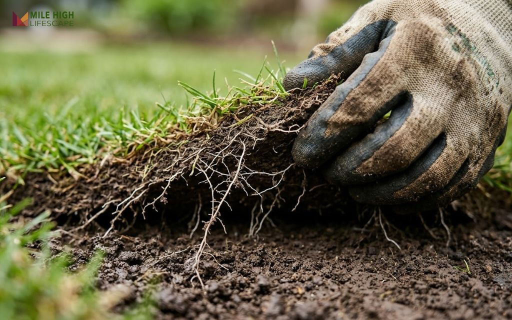 Gloved hand gently lifting a corner of new sod to check whether roots have anchored into the soil