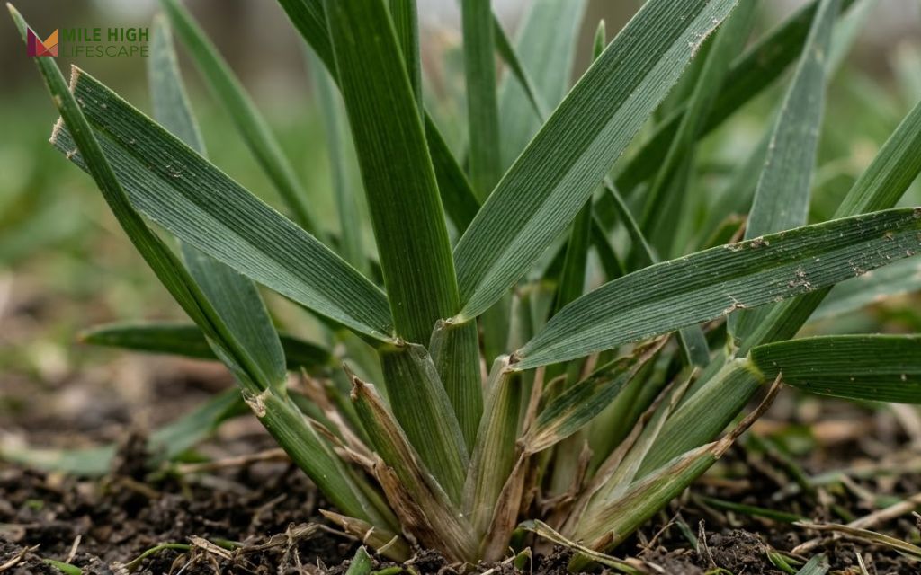 Close-up of turf-type tall fescue blades showing coarse texture and clump growth