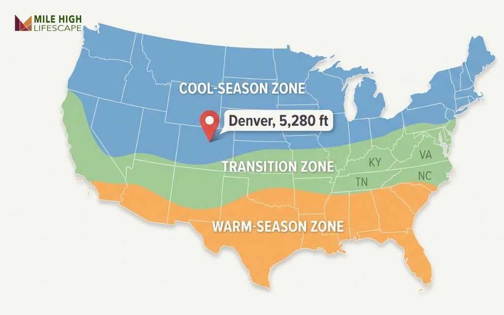 US map of cool-season, transition, and warm-season grass zones with Denver in the cool-season zone