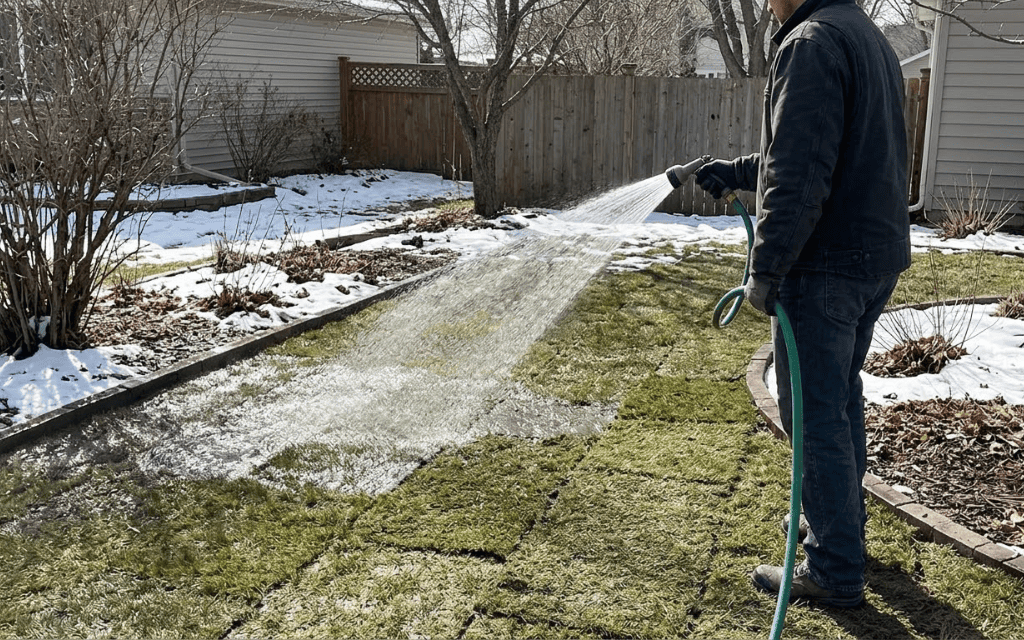 Homeowner using a hose with a shutoff nozzle to water newly laid sod at midday on a mild winter day in Colorado