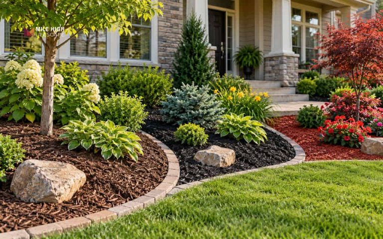What color mulch is best? Brown, black, and red mulch beds side by side in a front yard with curved brick edging
