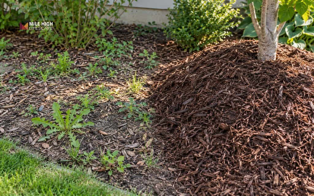Thin mulch with weeds on the left and a tall mulch pile against a tree trunk on the right