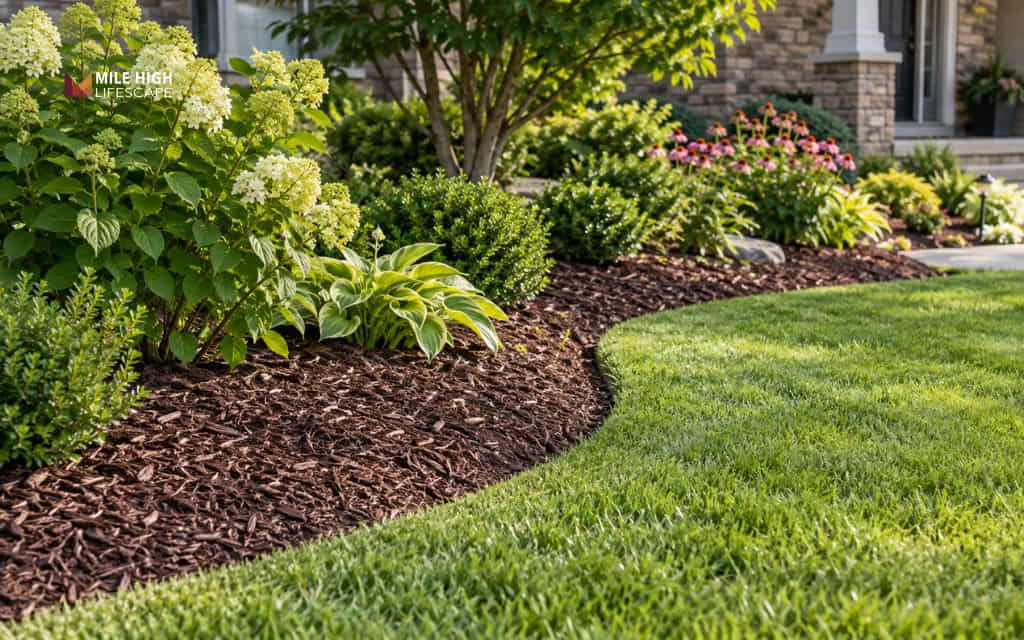 Shredded mulch bed with a sharp curved edge against the lawn, with hosta, shrubs, and white hydrangea