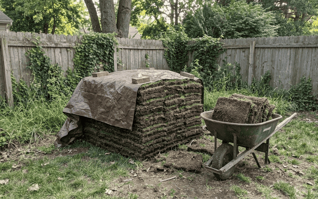 Stack of removed sod pads placed grass side down to compost in a backyard corner