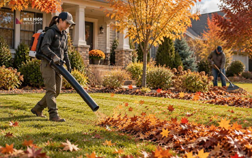 Landscaper with a backpack leaf blower pushing fall leaves into a pile while a coworker rakes the front lawn