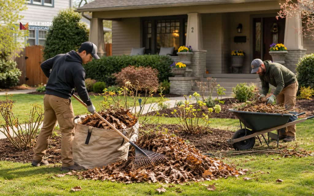 Mile High Lifescape crew clearing dead leaves from garden beds and loading a wheelbarrow during a Denver yard cleanup