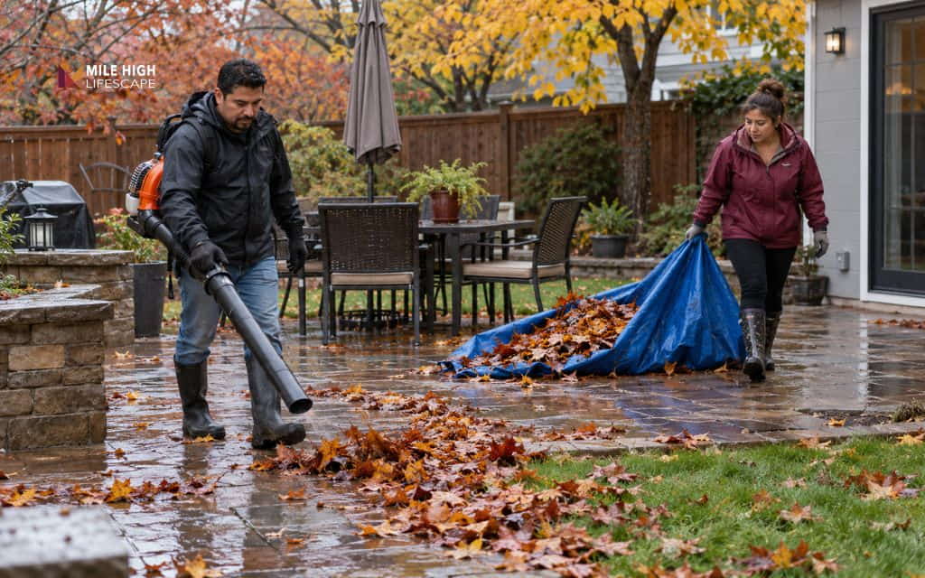 Person blowing wet leaves across a rain-soaked stone patio while another person drags a blue tarp of leaves