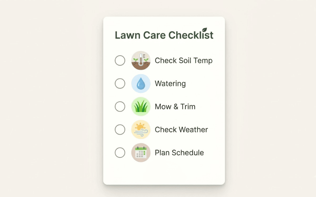 Five-point checklist graphic for deciding whether to lay sod in winter in Denver: soil, water, grass type, exposure, and deadline