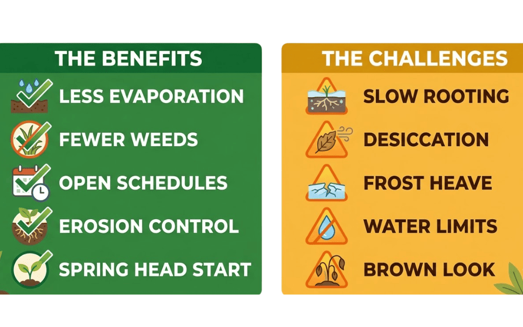 Infographic comparing 5 benefits and 5 risks of laying sod in winter for Denver lawns