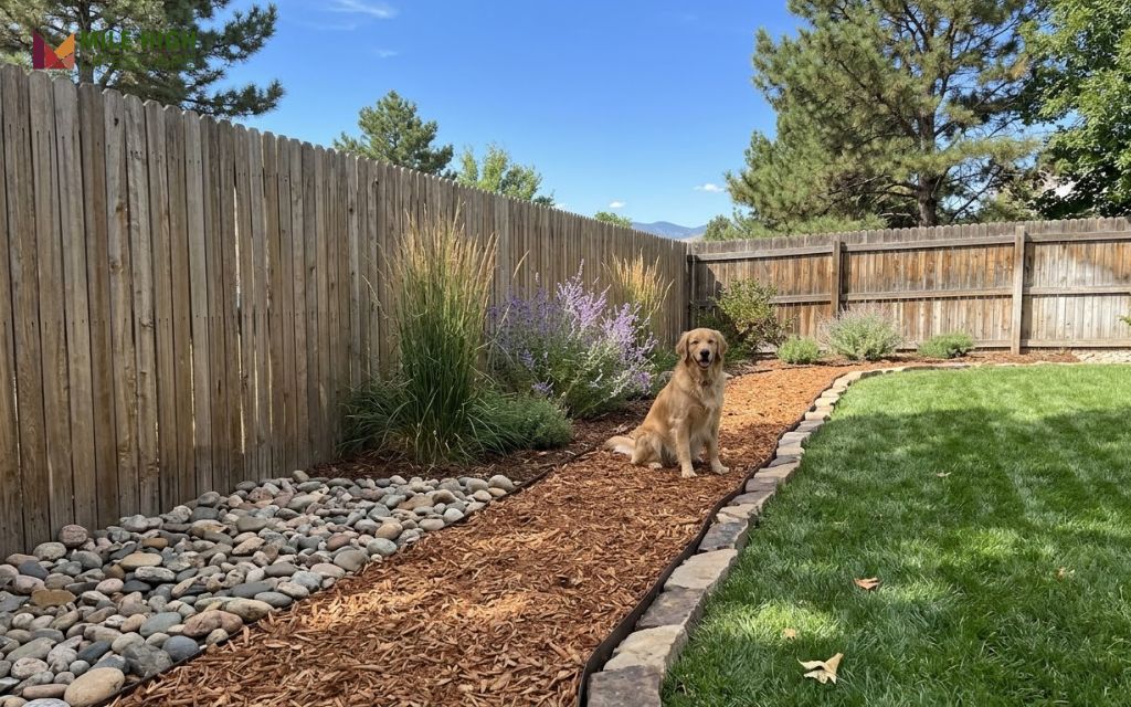 Xeriscape dog run with mulch and landscape rock next to a backyard lawn