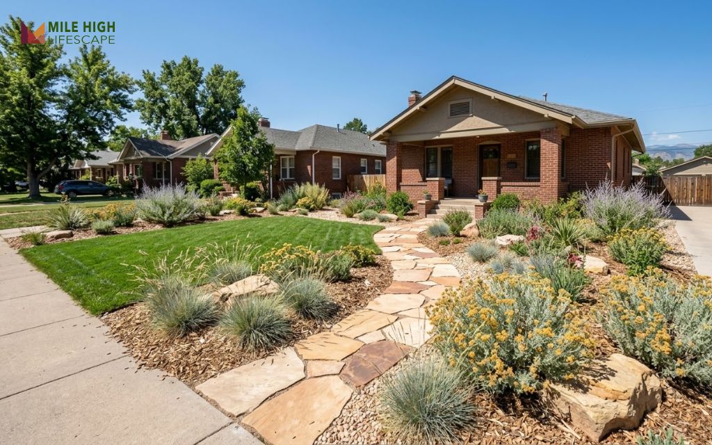 Denver front yard with a small tall fescue lawn surrounded by xeriscape beds