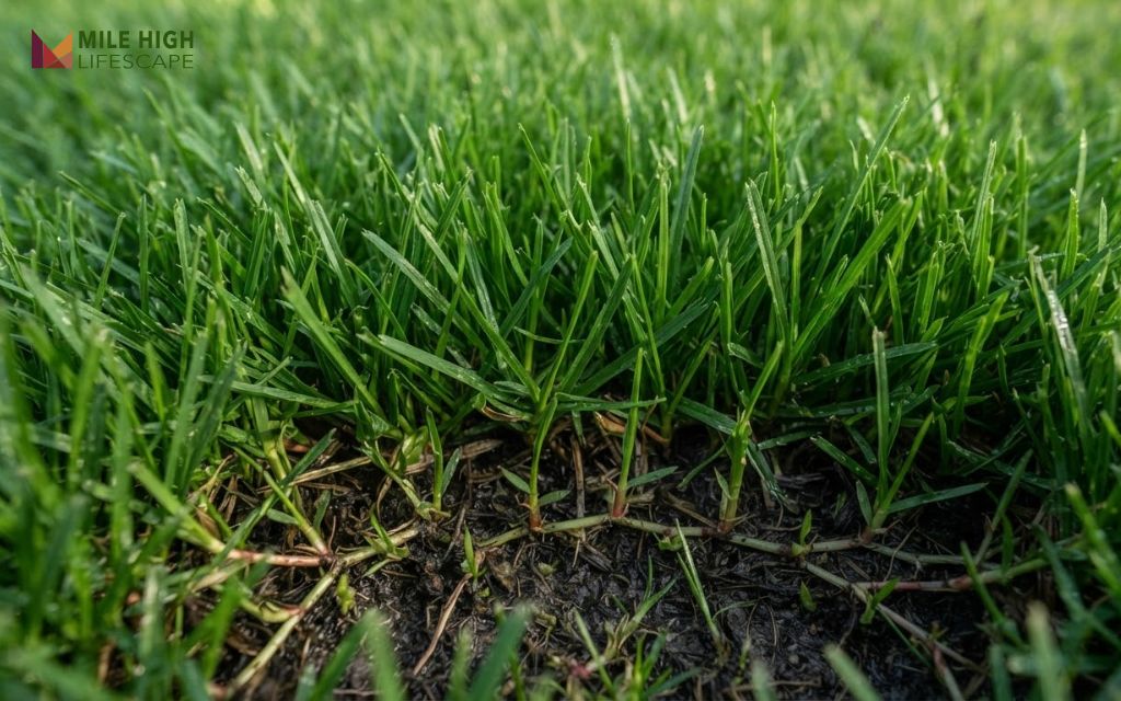 Close-up of dense zoysia grass canopy with upright leaf blades