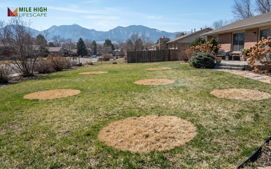 Tan zoysia plug patches scattered across a green Kentucky bluegrass lawn in early spring