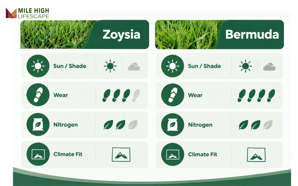 Infographic comparing zoysia grass and bermuda grass on sunlight, wear, nitrogen, and Colorado fit