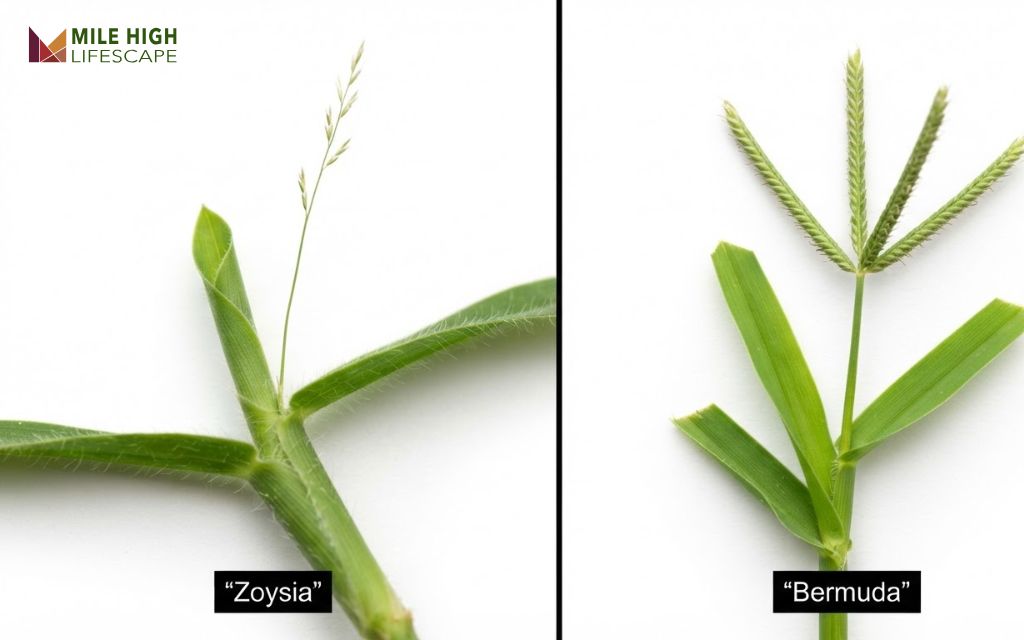 Macro comparison of zoysia rolled leaf and bermuda folded leaf with seed heads